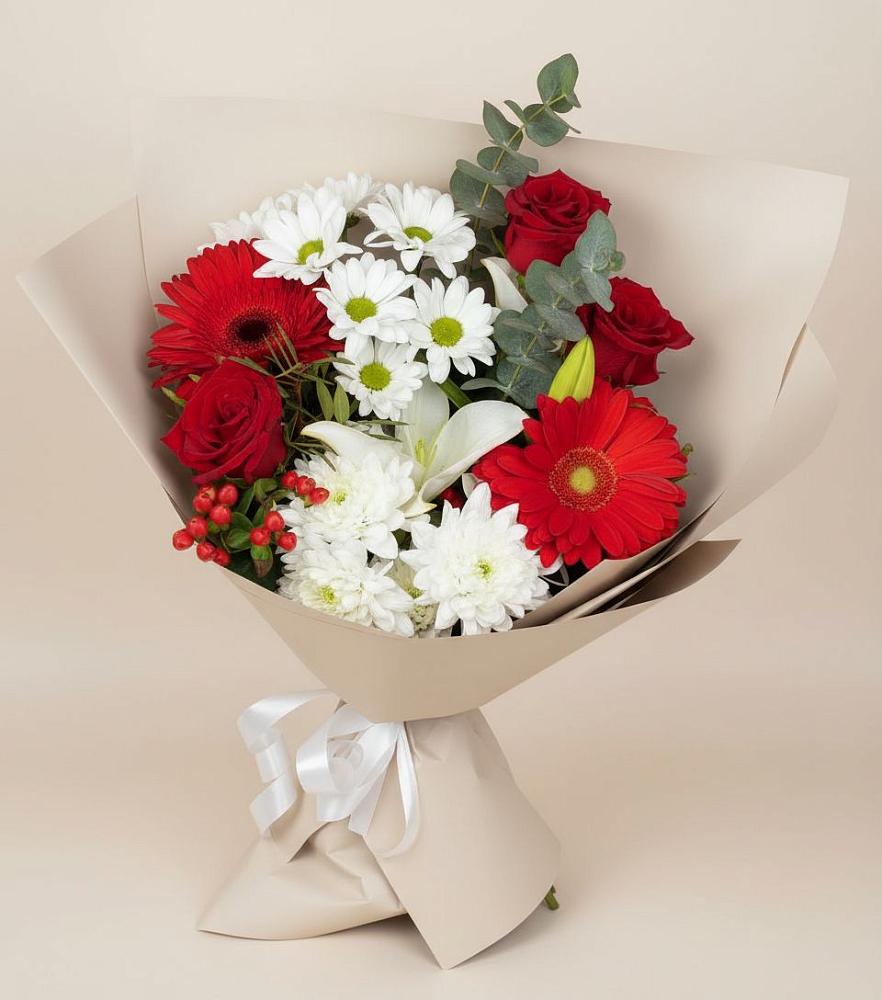 Букет цветов из: Розы, Хризантемы, Герберы и Лилии в Изобильном