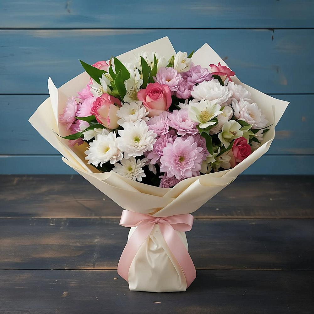 Букет цветов из: Хризантемы, Альстромерии и Розы в Изобильном